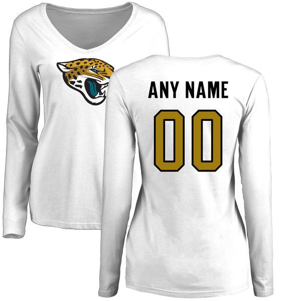 Women Jacksonville Jaguars NFL Pro Line White Custom Name and Number Logo Slim Fit Long Sleeve T-Shirt->nfl t-shirts->Sports Accessory